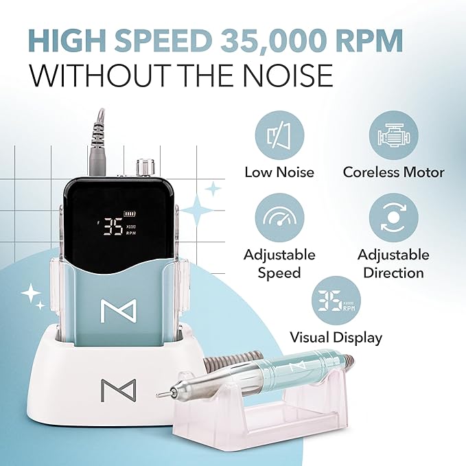 M Mase- Professional Nail Drill Machine - Coreless 2-in-1 Nail File - Electric, Cordless, 35000 RPM, HD Display - Electric Nail Drill for Professional & Home Use (Teal)-BrightBean Baby