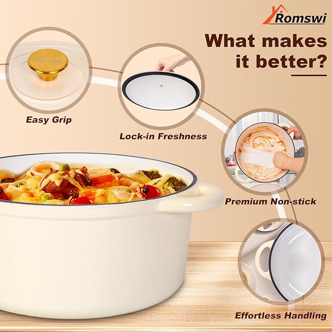 Romswi Enameled Cast Iron Dutch Oven Set - 3qt & 5.5qt Dual Combo White