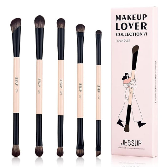 Jessup Makeup Brushes 5pcs Double Ended Eyeshadow Brush Contour Blending Eyeliner Eye Shader Brush, Vegan Fiber Precision Eye Brush Set Peach Dust T509-BrightBean Baby
