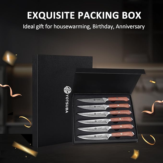 YOTSUBA Steak Knives Set of 6, 4.5 Inch Steak Knife Set, Razor-Sharp High-Carbon Stainless Steel Kitchen Steak Knife with Ergonomic Wood Handle, Dinner Knives with Gift Box