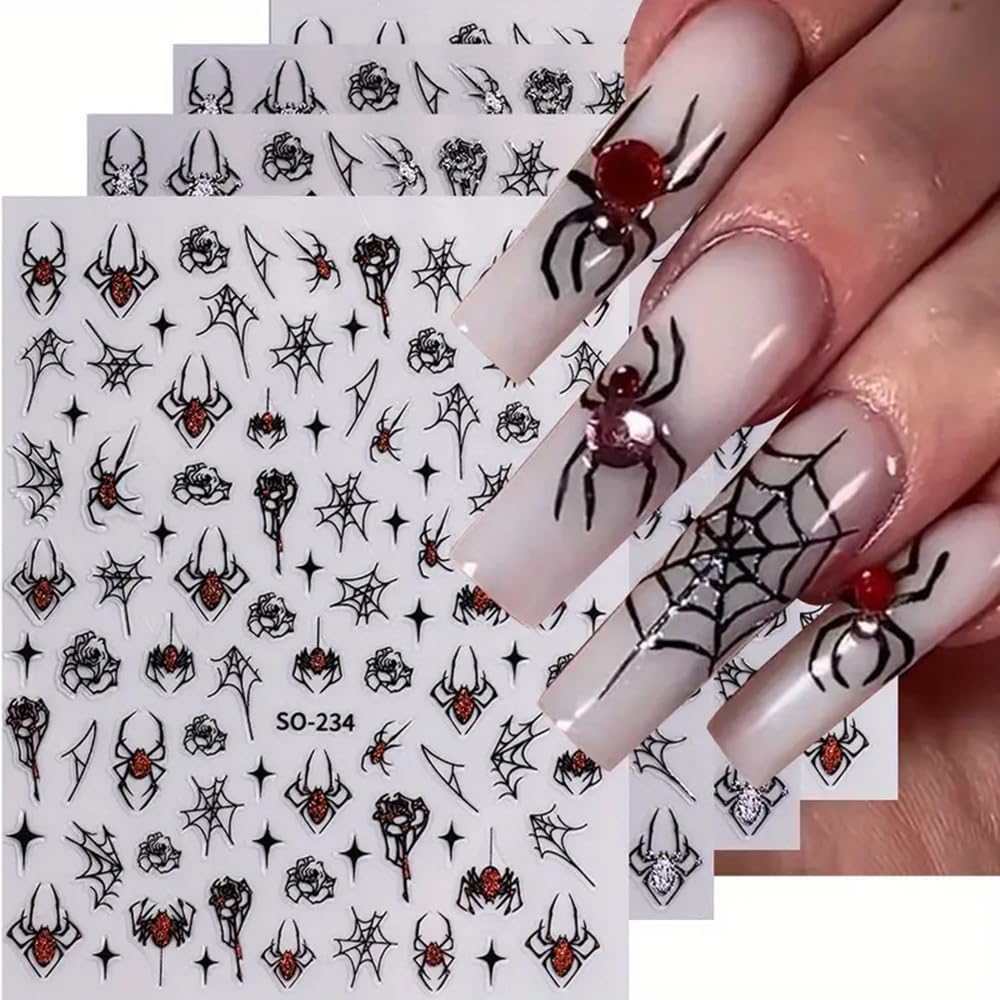 6Sheets Halloween Nail Art Stickers Decals, 3D Spider Nail Sticker Halloween Nail Decoration Self-Adhesive Black Red Silver Glitter Star Spider Web for Nails Stickers DIY Manicure Art Decoration-BrightBean Baby