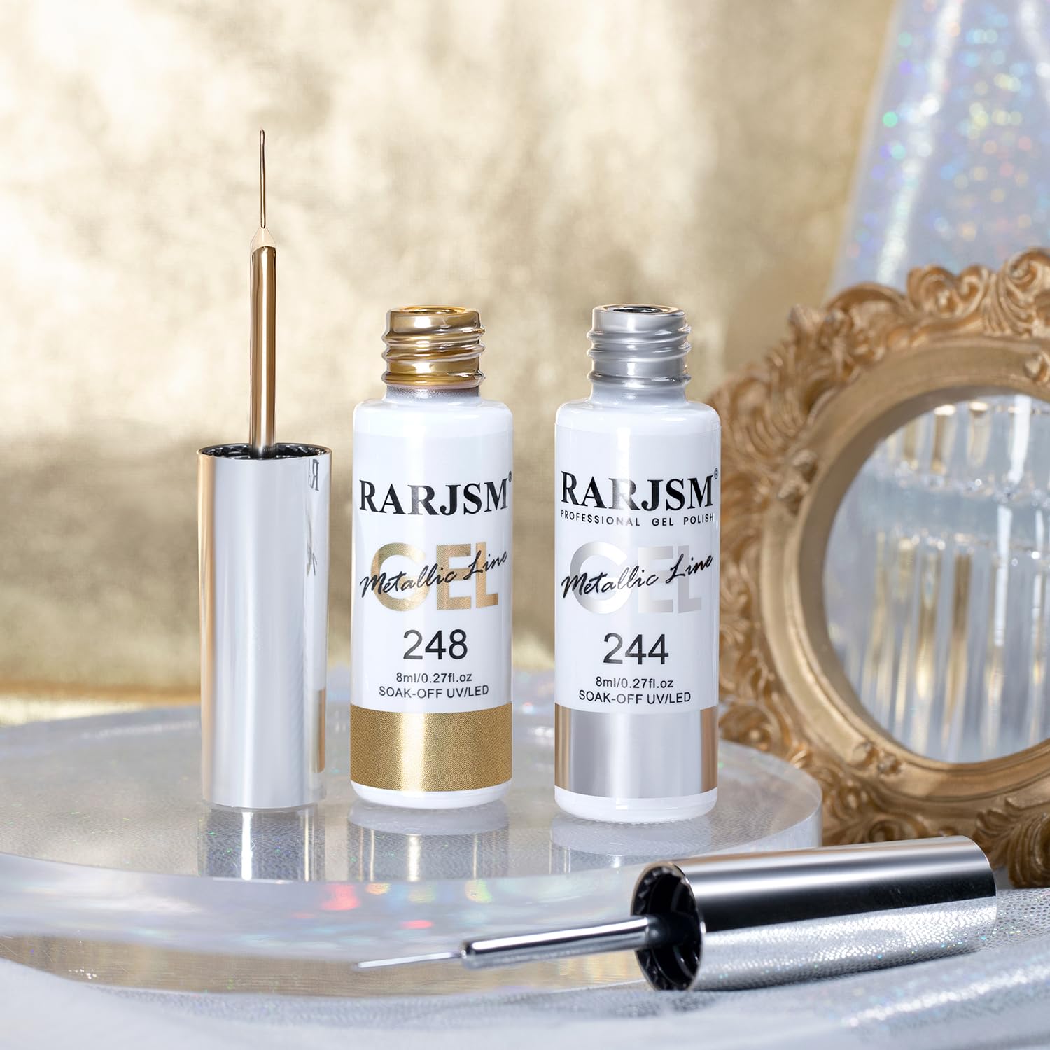 RARJSM Metallic Gel Liner Nail Art Silver Bronze Gold 2pcs Set Mirror Chrome 3D Effect Gel Nail Polish 8ml Build in Thin Brush Metal Painted Drawing Stripper Gelpolish Curing Requires for Home Salon-BrightBean Baby