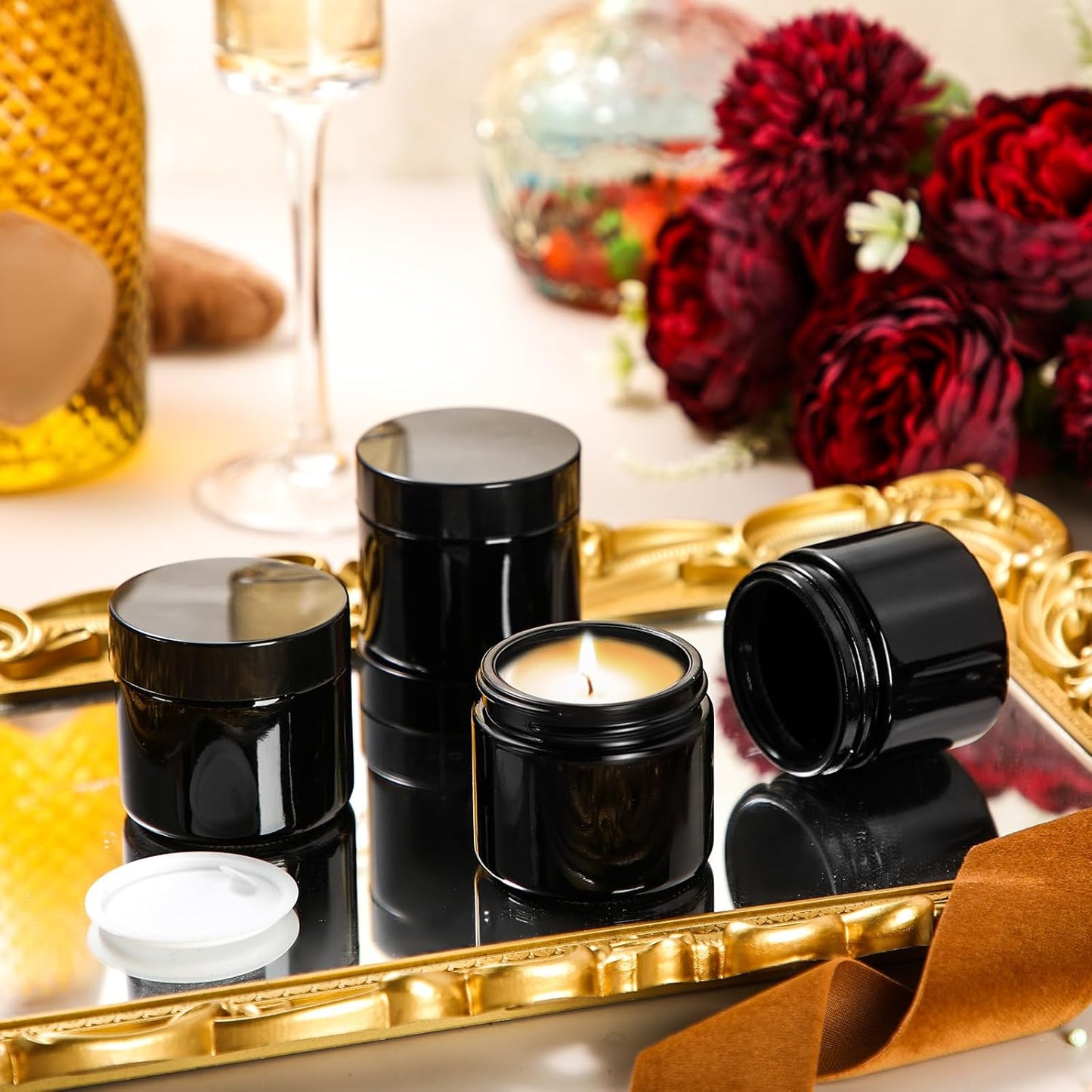 Domensi 48 Pcs 2 oz Glass Jars with Lids Travel Size Round Leakproof Empty Cosmetic Jars with Inner Liners Lid for Storing Makeup Lotions Face Cream Ointments Candle DIY Making (Black)-BrightBean Baby