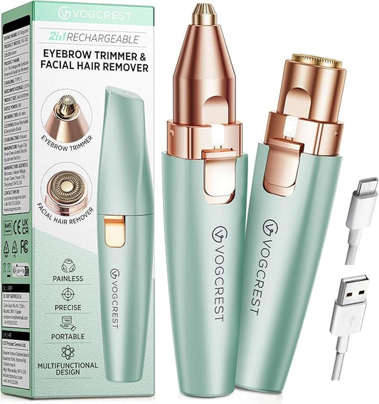 Eyebrow Facial Trimmer: 2 in1 Rechargeable Facial Hair Removal and Eyebrow Shaver - Face Lips Body Painless Facial Razor with Built-in LED Light (Pastel Green)-BrightBean Baby