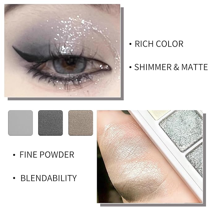 Erinde Black Smokey Gray Silver Eyeshadow Palette, 9 Colors Matte Shimmer Glitter Eye Shadow Makeup Pallet, Highly Pigmented Long Lasting Waterproof, Natural Neutral Shiny Eyeshadow Make Up Palette-BrightBean Baby