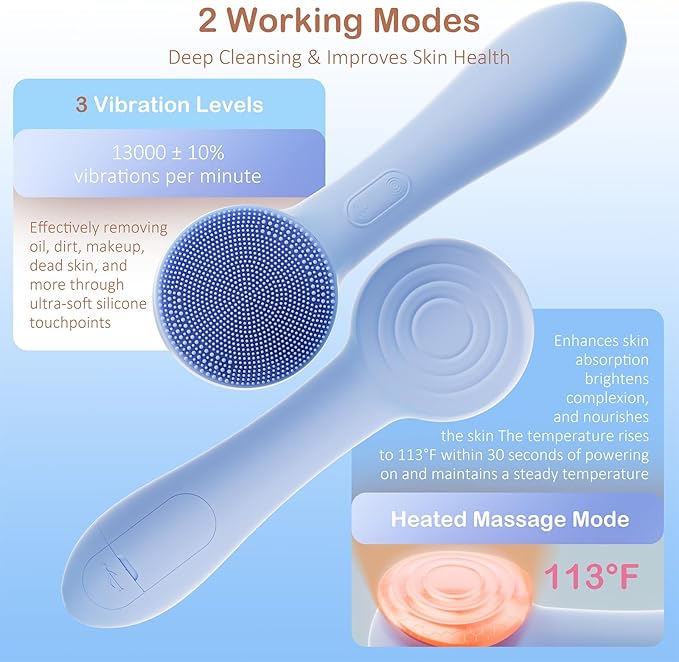 Facial Cleansing Brush Silicone Face Scrubber Waterproof Rechargeable Exfoliator Massage Device for Men & Women, Deep Pore Cleansing, Exfoliating, Removing Blackhead Electric Face Scrub Brush (Blue)-BrightBean Baby