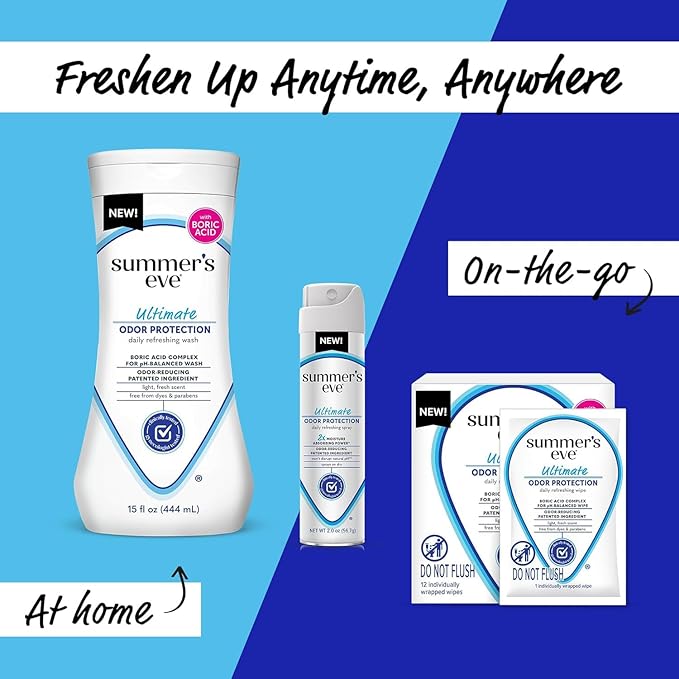 Summer's Eve, Whole Body Deodorant for Women, Ultimate Odor Control, Aluminum Free Deodorant, 3 Fl Oz + Daily Feminine Wipes with Boric Acid, Removes Odor, On-the-go Body Wipes with pH Balance, 12 ct-BrightBean Baby