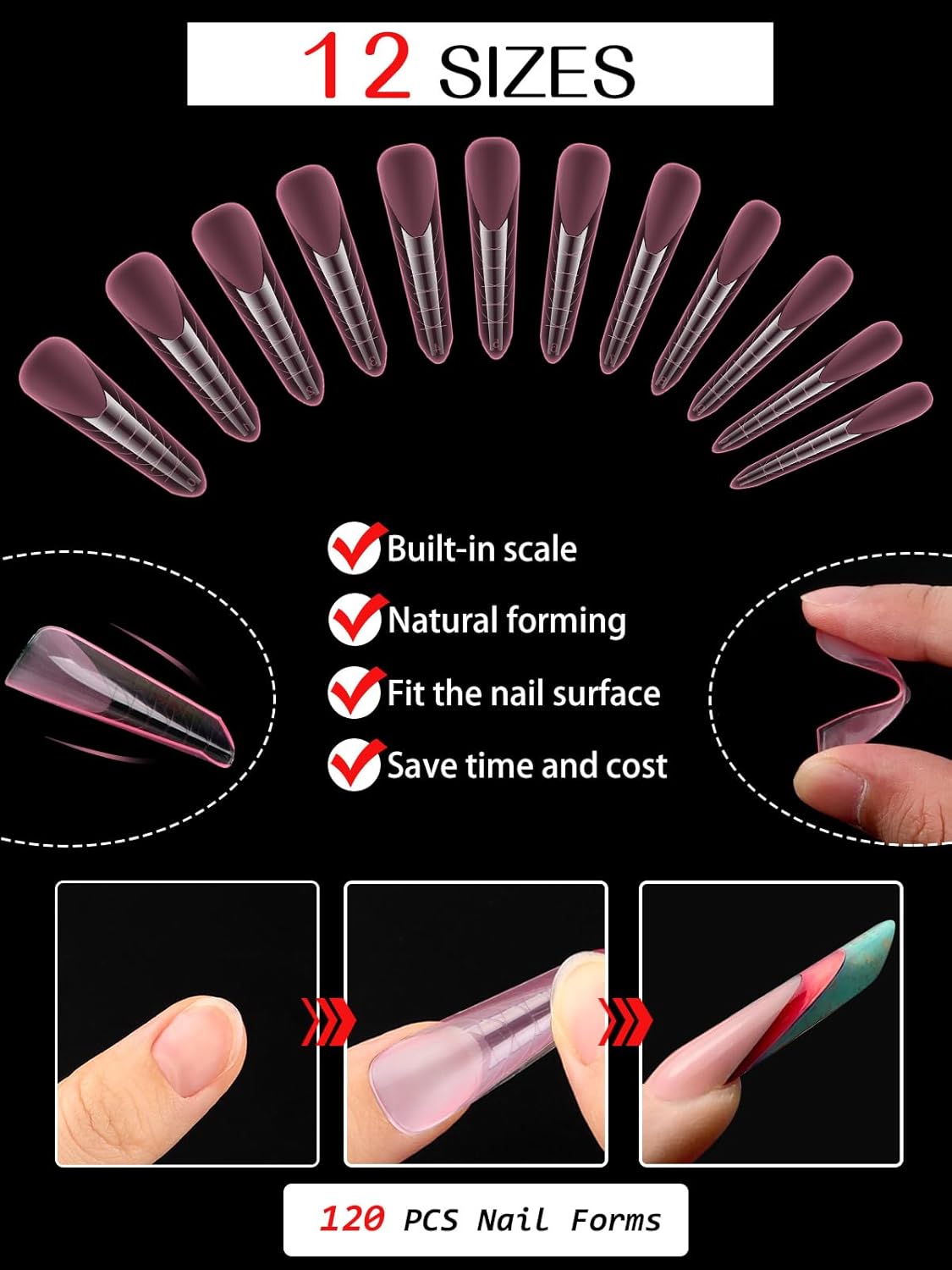 EBANKU Dual Nail Forms for Poly Extension Gel, 120 PCS Pink Nail Molds Reusable Nail Extension Forms for Builder Gel Manicure Design Salon DIY 12 Sizes-BrightBean Baby