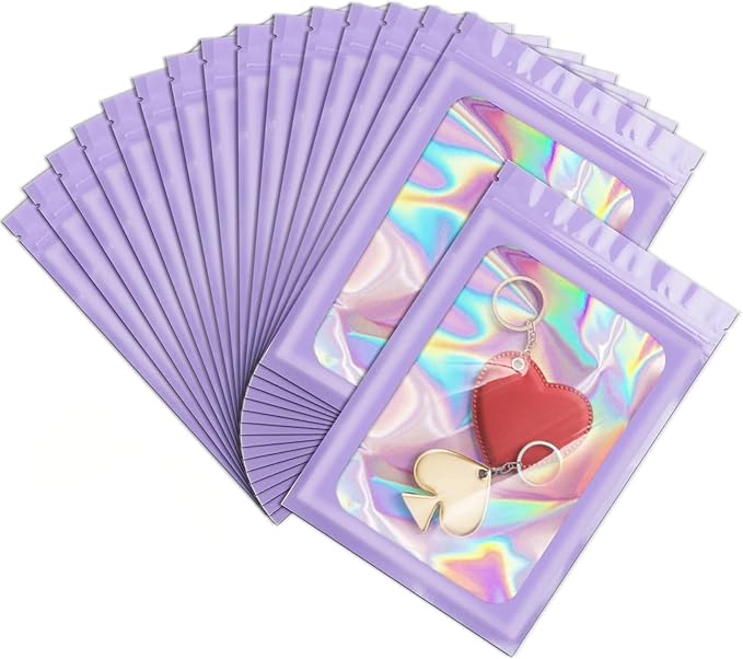 ANZNKU 100 Pcs Smell Proof Mylar Resealable Bags, Holographic Packaging Bags, Resealable Odor Foil Pouch Zip Bag with Clear Window for Food Storage and Lipgloss, Jewelry Lash (Purple, 5.5 x 7.9 Inch)-BrightBean Baby