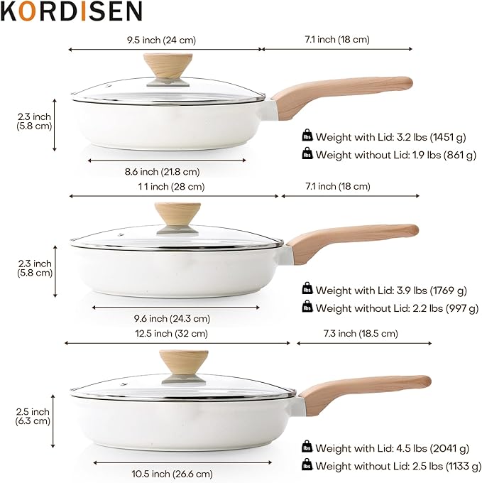 Kordisen Ceramic Nonstick Frying Pan Set with Lid 3 Piece - 9.5, 11, 12.5 Inch Non Toxic
