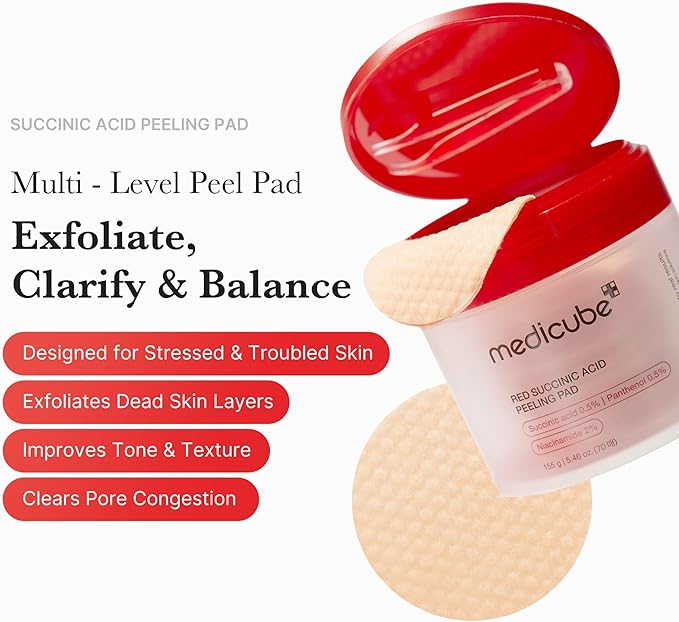 Medicube Red Succinic Acid Panthenol Facial Peeling Pads - Exfoliating Toner Pads for Breakout-Prone Skin with Niacinamide, AHA, BHA, and Soothing Panthenol - Non-Comedogenic-BrightBean Baby