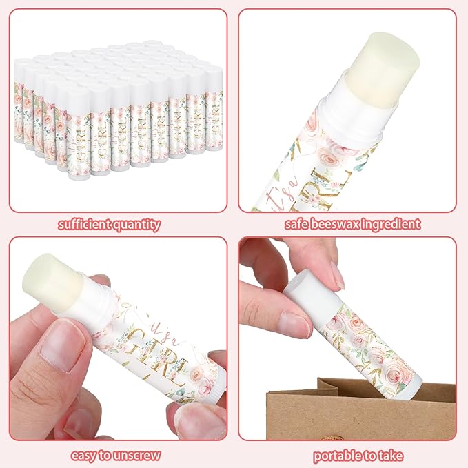 50 Pack Floral Baby Shower Lip Balm Party Supplies Bulk for Girls Guests It's a Girl Baby Shower Gifts Gender Reveal Favors Prizes Souvenirs Winners Thank You Appreciation Gifts-BrightBean Baby