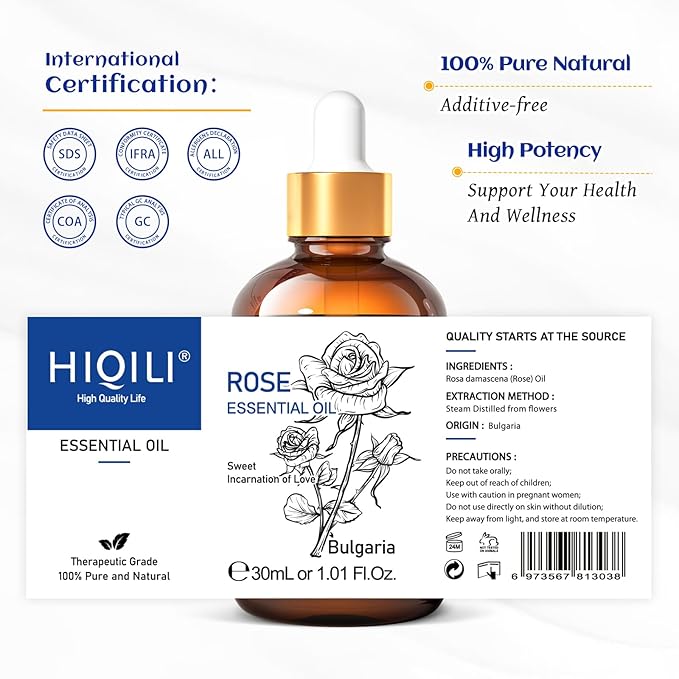 HIQILI Rose Essential Oil 1 Fl Oz, 100% Natural Therapeutic Grade for Aromatherapy, Diffuser, Skin Care, Massage, Includes Premium Quality Glass Dropper-BrightBean Baby
