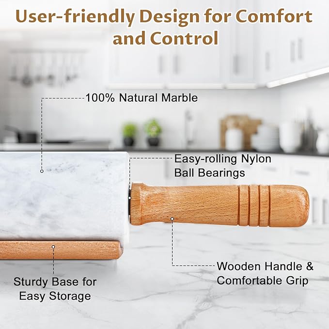 Marble Rolling Pin - 18.9" Marble Rolling Pins for Baking, Pastry, Pizza Dough & More - Polished Non-Stick Surface, Long Dough Roller with Wooden Handles & Base