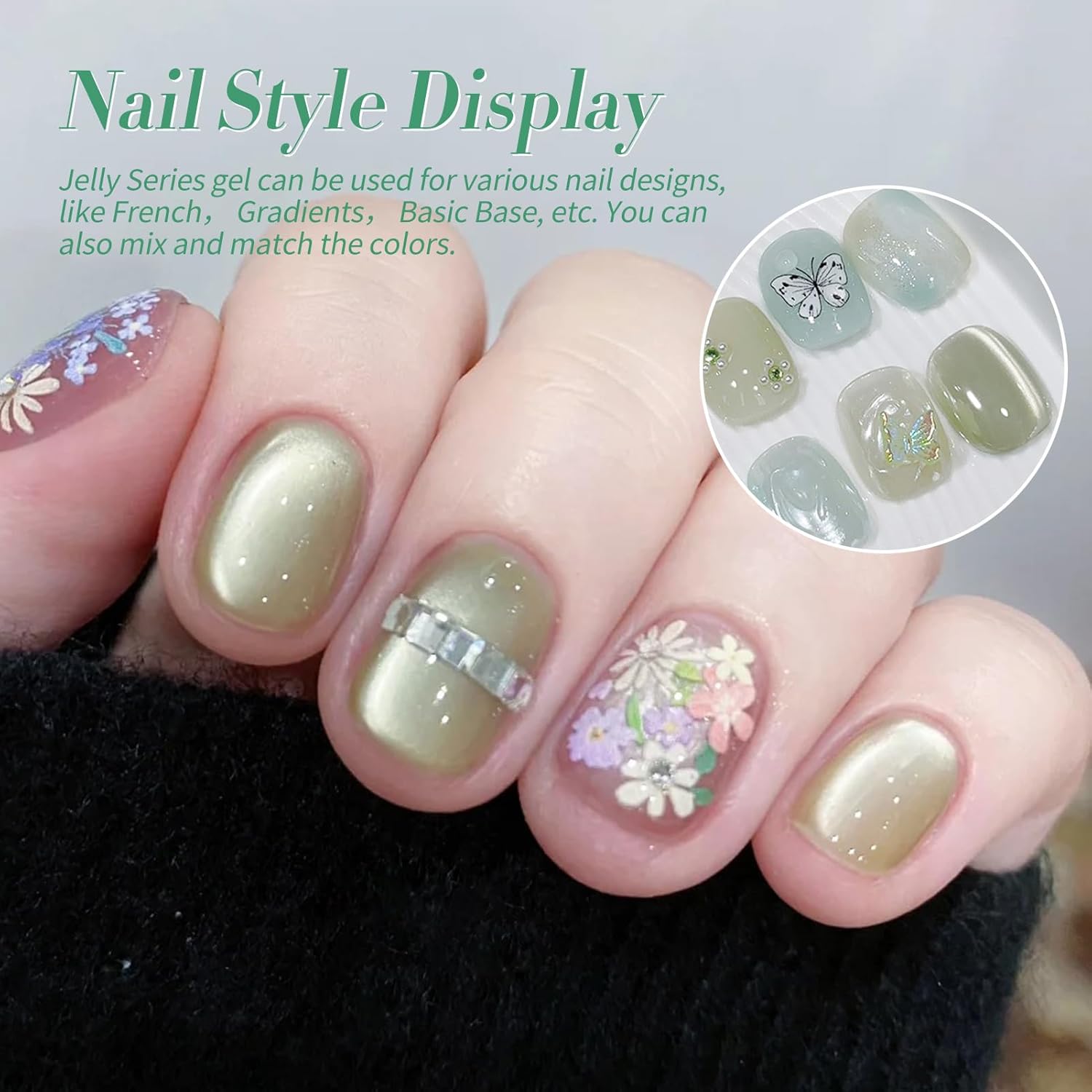 Born Pretty Christmas Green Gel Nail Polish,Jelly Transparent Gel Polish,Cat Magnetic Eye,Shimmer Glitter Green Gel Polish Kit for Salon Manicure and Nail Art DIY at Home 6Colors-BrightBean Baby