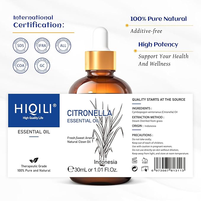 HIQILI 1 Fl Oz Citronella Essential Oil, 100% Pure Undiluted for Aromatherapy Diffuser for Home - 30ML-BrightBean Baby