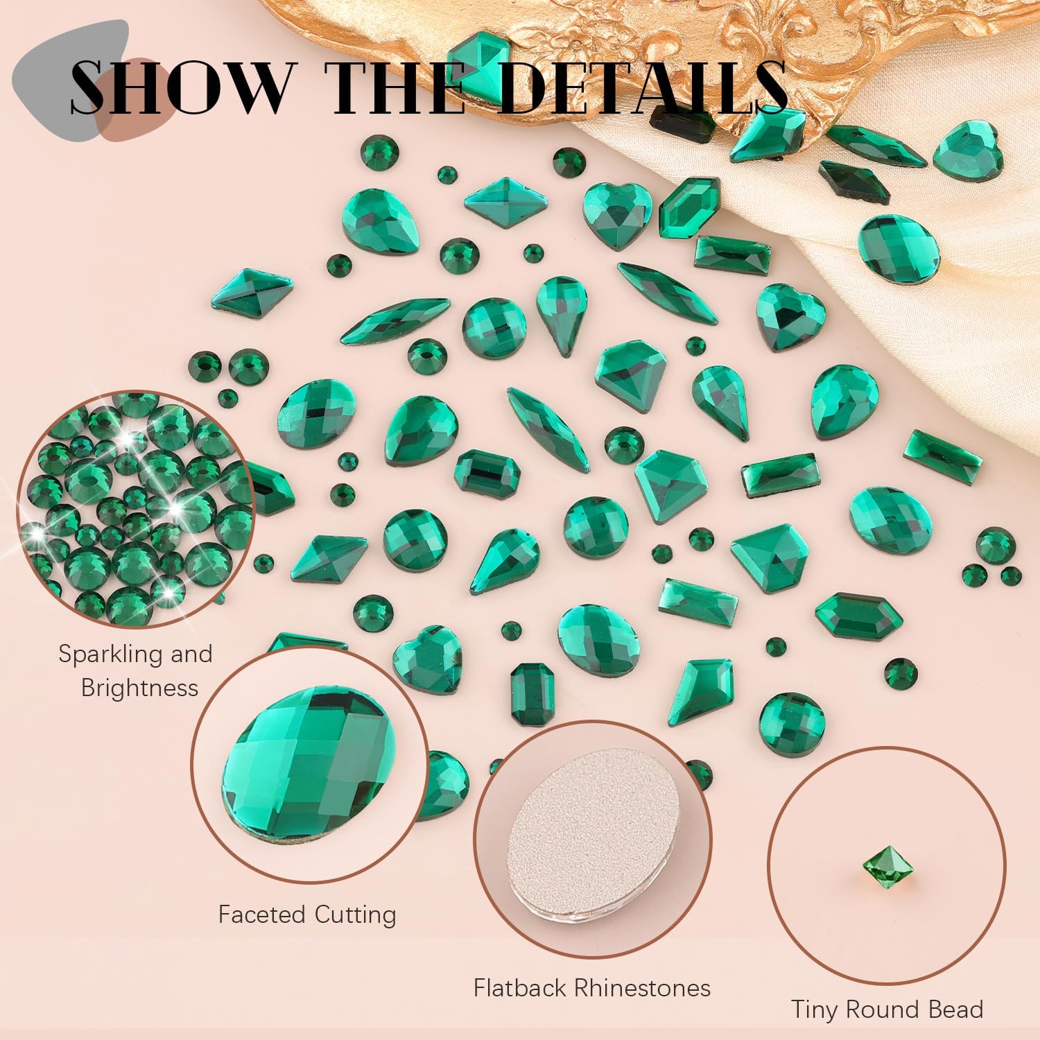 2680Pcs Emerald Green Glass Nail Rhinestones 120Pcs Multi Shapes Flatback Nail Gems + 2560Pcs 1.5-4mm Round Crystal with Rhinestone Glue Gel, Manicure Nail Charms Diamond Gemstone for Nail Art-BrightBean Baby