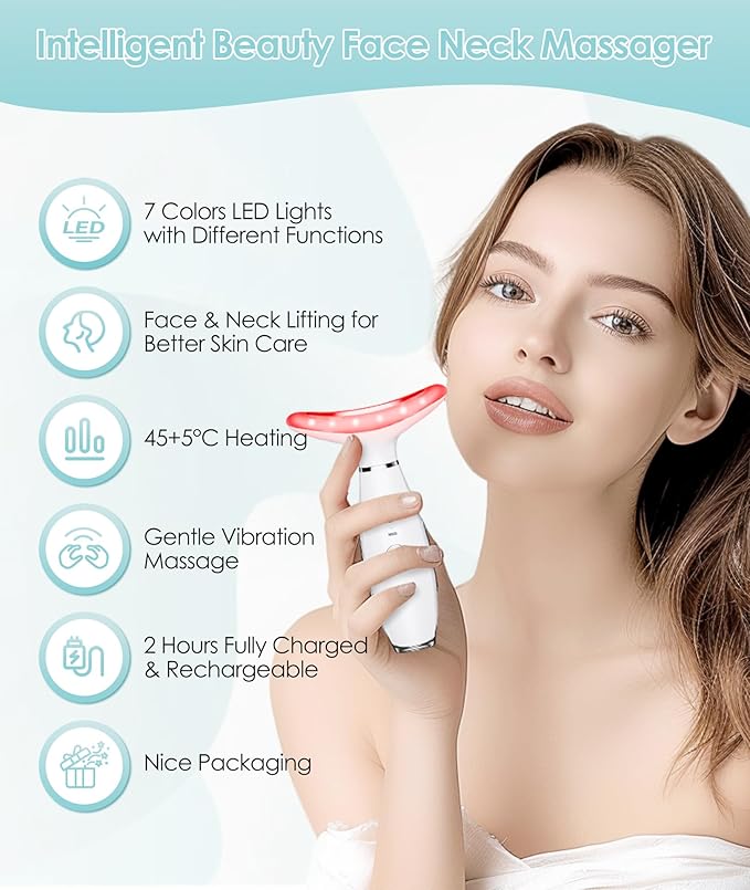 7 Color Neck Face Massager - Facial Massager Tool for Skin Care at Home, Vibrating Face Massager with Thermals, Galvanic Machines White-BrightBean Baby