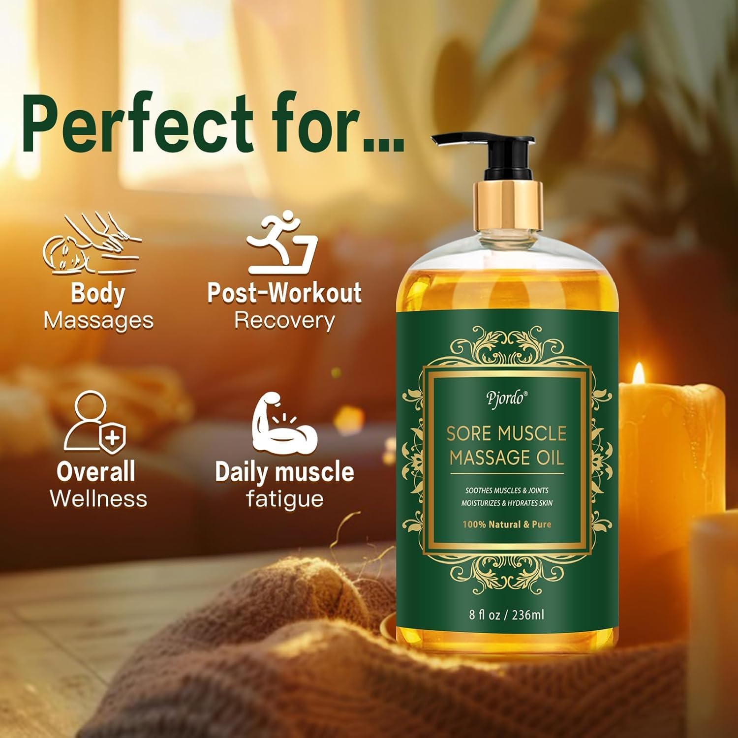 Sore Muscle Massage Oil for Massage Therapy, 8 FL OZ Natural Body Massage Oil with Lavender Oil, Arnica & Chamomile Extract, Soothes Muscle and Joint for Professional & Home Use-BrightBean Baby