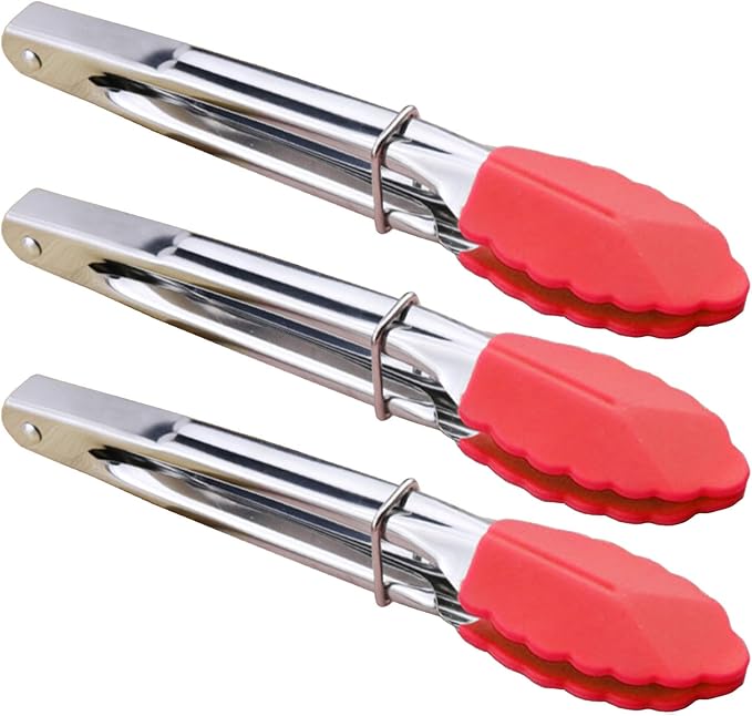 Small Tongs with Silicone Tips 7 Inch Kitchen Tongs, Set of 3 (Red)