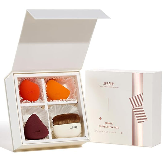 Jessup Foundation Brush with Makeup Sponge Set, 1pc Flat Top Kabuki Brush and 3pcs Make up Sponges for Concealer Blending Blush Powder Buffing Stippling with Gift Box, T505-BrightBean Baby