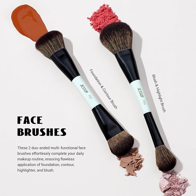 Jessup Makeup Brush Set 6pcs Double Sided Makeup Brushes Foundation Contour Blush Highlight Blending Eyebrow Brush Eyeshadow Brush, Vegan Fiber Make up Brush Bright Cyan T501-BrightBean Baby