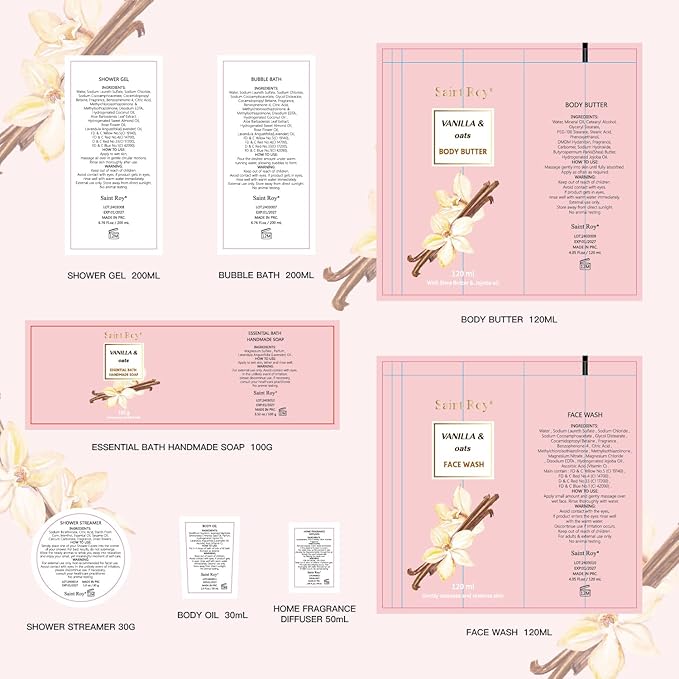 Bath and Body Gift Baskets for Women, 12 Pcs Vanilla Oat Spa Gifts for Women. Bath Gift Set Enriched Shea Butter. Home Spa with Shower Gel, Body Oil, Saint Roy Gifts for Mom-BrightBean Baby