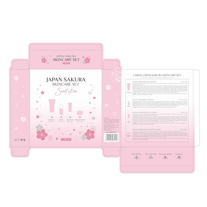 Skin Care Set JAPAN SAKURA Beauty Gift Sets Skin Care Kit with Cleanser, Serum, Eye Cream, Face Cream Travel Kit for Women Mom Wife Teen Girls Gentle Skin Cleaning TSA-friendly Sizes 4pcs-BrightBean Baby