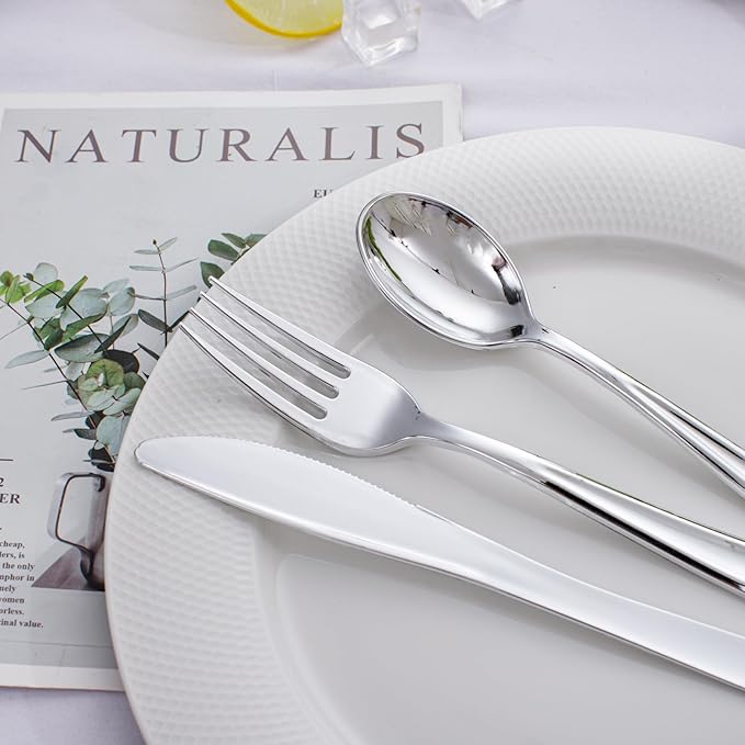 WDF 500PCS Silver Plastic Silverware - Plastic Silver Utensils - 250 Forks, 125 Spoons, 125 Knives, Heavy Duty Disposable Silverware Sets for Parties, Wedding, Christmas