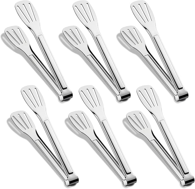 6 Pack Tongs for Cooking, Amafox Stainless Steel Small Serving Tongs for Food, Multifunctional Kitchen Tongs for Serving Food, Salad, Steak, Appetizer, Dishwasher Safe (9 Inch)