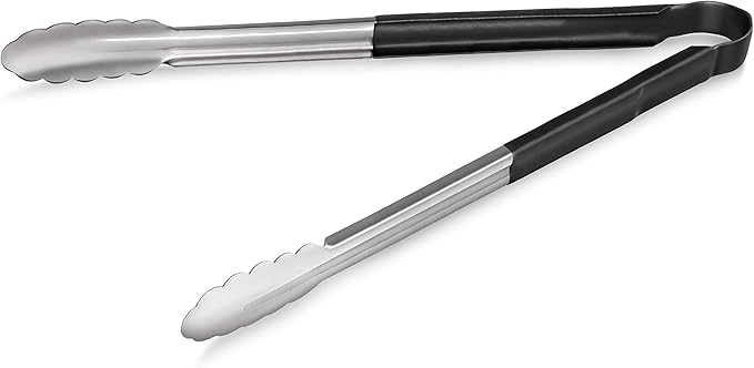 New Star Foodservice 35797 16-Inch Utility Spring Tongs, Stainless Steel, Vinyl Coated, Set of 12, Black