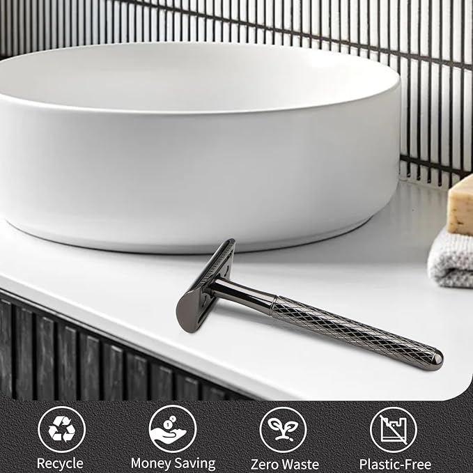 Shiny Gun Black Double Edge Safety Razor, Single Blade Razors for Men and Women, with 10 Stainless Steel Safety Razor Blades, Reusable, Smooth and Close Wet Shaving Kit, Plastic Free-BrightBean Baby