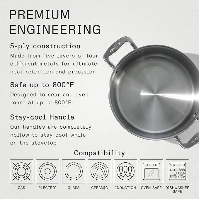Made In Cookware - 8 Quart Stainless Steel Stock Pot With Lid - 5 Ply Stainless Clad - Professional Cookware - Crafted in Italy - Induction Compatible