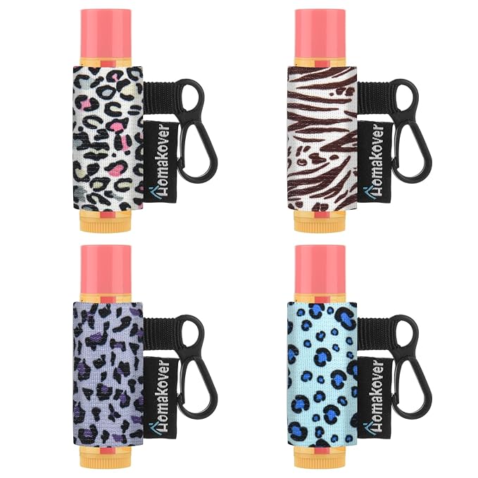 4 Pack Keychain Chapstick Holder, Leopard Pattern - Elastic Band, Fits Most Standard Lip Balm, Quick-Release Clip, Unisex-Adults-BrightBean Baby