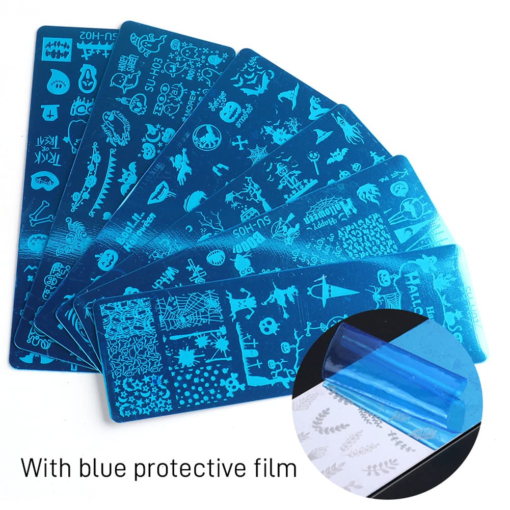 Halloween Nail Stamper Kit: 6 Pcs Stamp Template Plates with 1 Stamper, 1 Scraper - Horror, Ghost, Pumpkin, Skull, Bone Images - DIY Nail Art Set-BrightBean Baby