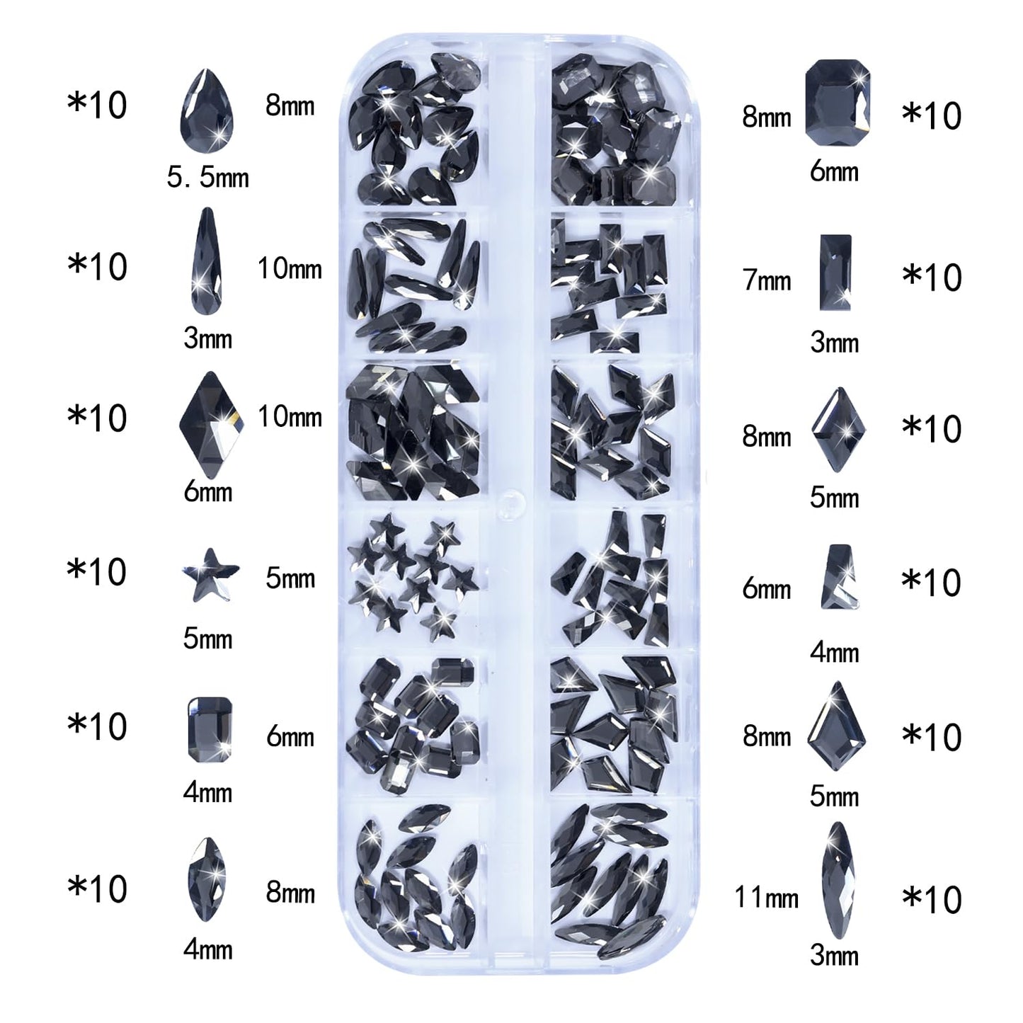 HNUIX Nail Rhinestones - 3D Multi Shape Size Crystal, Transparent Gray Nail Gems, Flat Back, with Kit, for Nail Art, DIY Decorations-BrightBean Baby