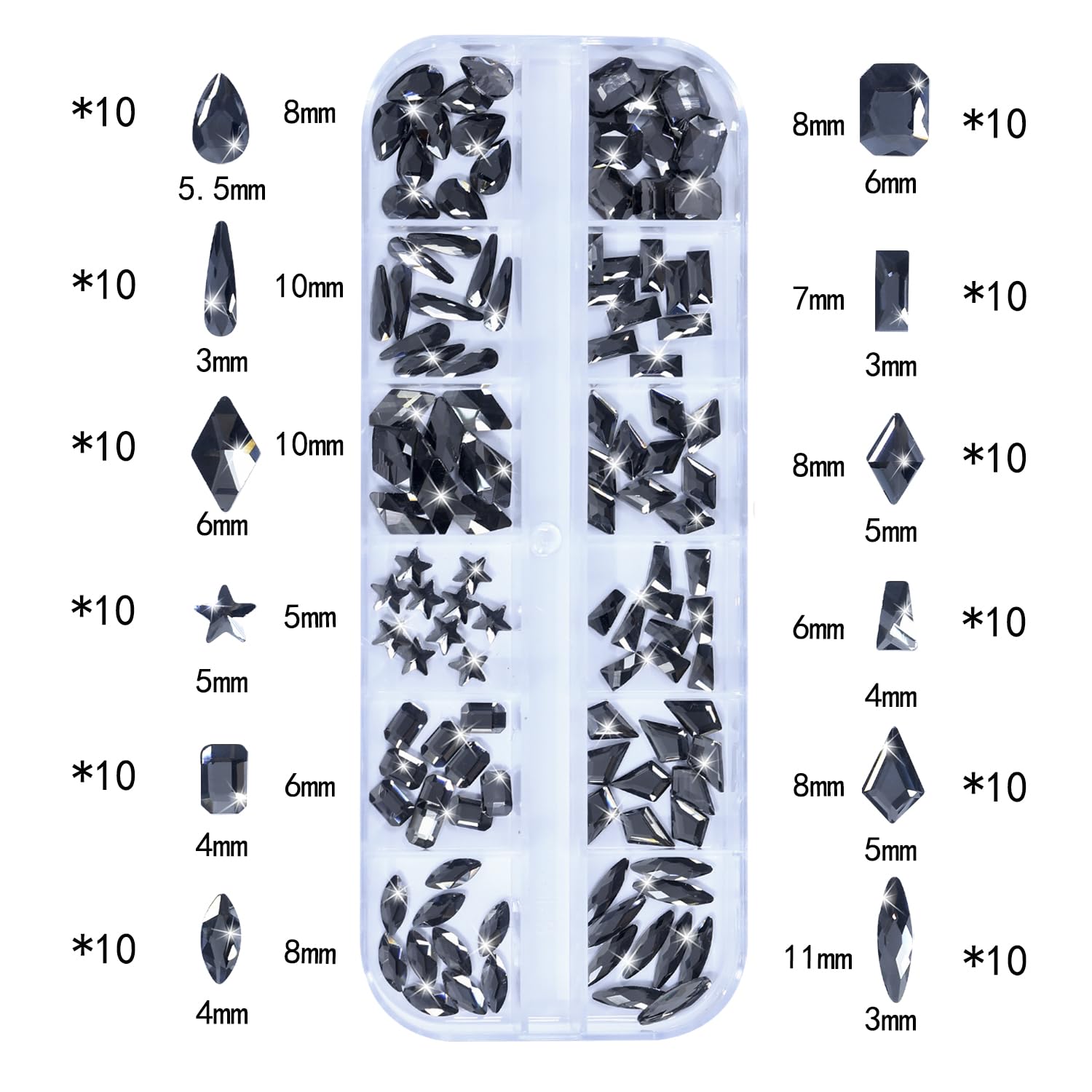 HNUIX Nail Rhinestones - 3D Multi Shape Size Crystal, Transparent Gray Nail Gems, Flat Back, with Kit, for Nail Art, DIY Decorations-BrightBean Baby