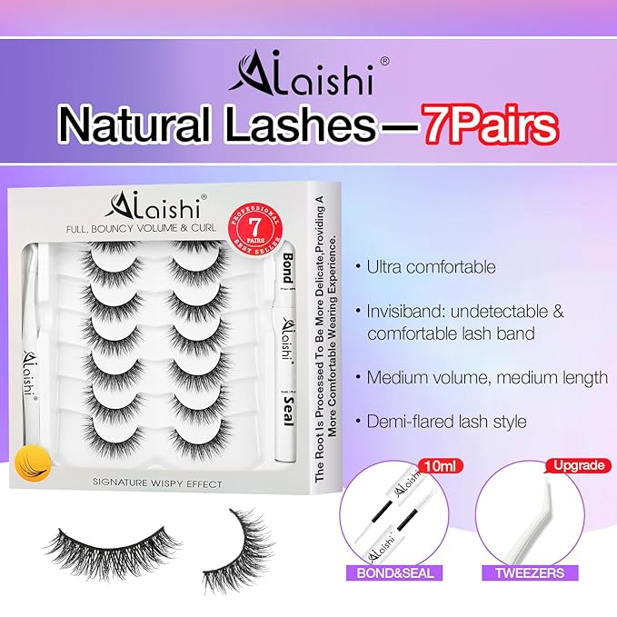 Wispy False Eyelashes Kit With Bond, Seal and Tweezer, 7 Pairs Natural Look Fake Cat Eye Lashes Strips Thin Band Extensions Waterproof Easy Eyelashes for Beginners RQ01-BrightBean Baby