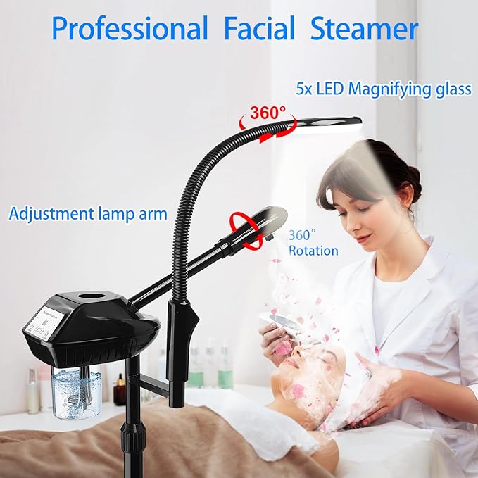 Professional Facial Steamer on Wheels, 2-in-1 Facial Steamers with 5X Magnifying Lamp, Facial Steamer for Facial Deep Cleaning, Facial Humidifier for Spa, Salon and at Home Use-BrightBean Baby