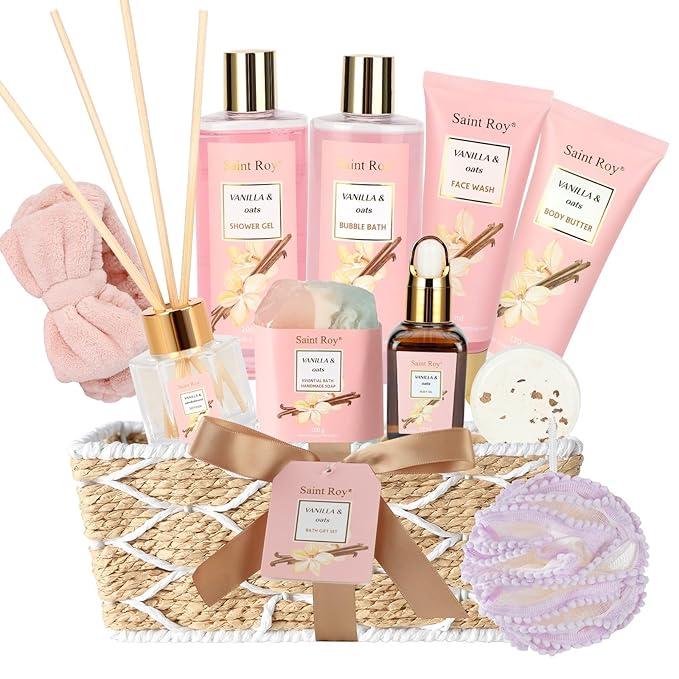 Bath and Body Gift Baskets for Women, 12 Pcs Vanilla Oat Spa Gifts for Women. Bath Gift Set Enriched Shea Butter. Home Spa with Shower Gel, Body Oil, Saint Roy Gifts for Mom-BrightBean Baby