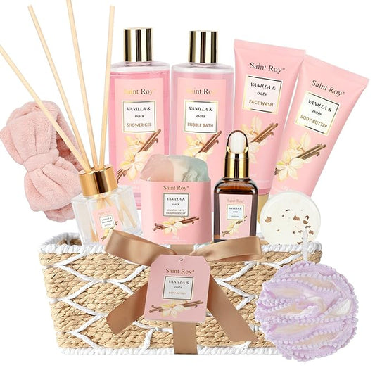 Bath and Body Gift Baskets for Women, 12 Pcs Vanilla Oat Spa Gifts for Women. Bath Gift Set Enriched Shea Butter. Home Spa with Shower Gel, Body Oil, Saint Roy Gifts for Mom-BrightBean Baby