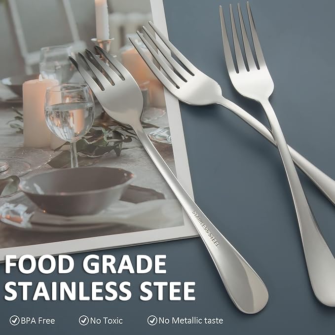 SANTUO Stainless Steel Dinner Forks Set - 16 Piece Top Food Grade Silverware Set with Round Handle, Mirror Finish & Dishwasher Safe - Silver 8 Inches