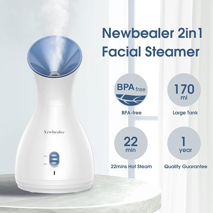 Newbealer 2in1 Facial Steamer, Hot Mist Facial Aromatherapy Humidifier Atomizer, Large Face Steamer Unclogs Pores Sinuses Moisturizing, Home Sauna Spa with Eyebrow Set (Blue, 170ml)-BrightBean Baby