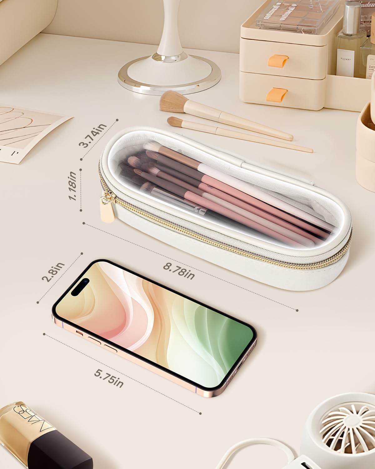 Clear Travel Makeup Brush Holder, Leather Makeup Brush Toiletry Bag, Portable Cosmetic Brush Case, Transparent Waterproof Makeup Brush Storage Bag, White, Large-BrightBean Baby