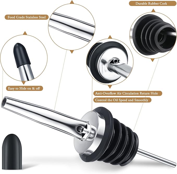 72 Pcs Stainless Steel Bottle Pourers Tapered Liquor Pourers with Rubber Dust Caps Tapered Spouts Set Bar Supplies Vinegar Bottle Dispenser Wine Liquor Spout for Oil Beer Drink Water