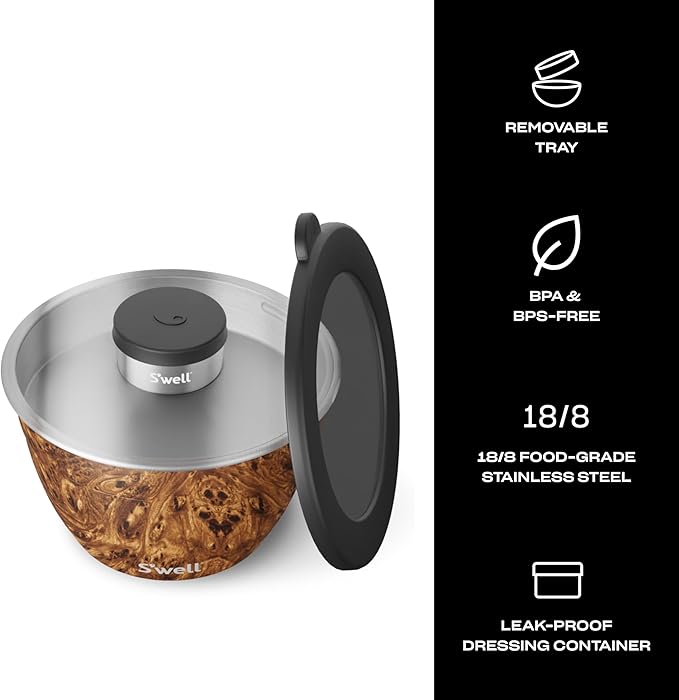 S’well Stainless Steel 64oz Salad Bowl Kit, Teakwood Finish, Includes 2oz Condiment Container and Removable Tray, Leak-Proof and Easy to Clean, Dishwasher Safe