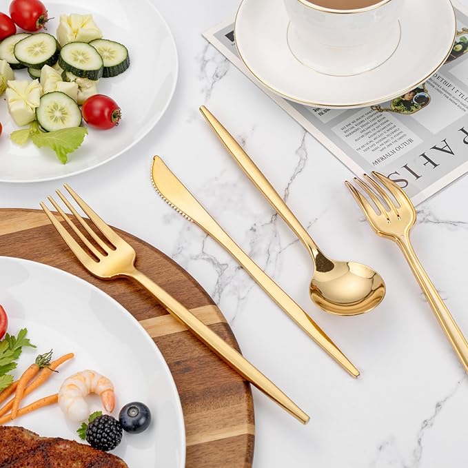 PULOTE 300PCS Gold Plastic Silverware Set Disposable - Heavy Duty Gold Utensils Set - Plastic Cutlery Disposable - Include 100 Knives, 100 Forks, 100 Spoons for Party & Wedding