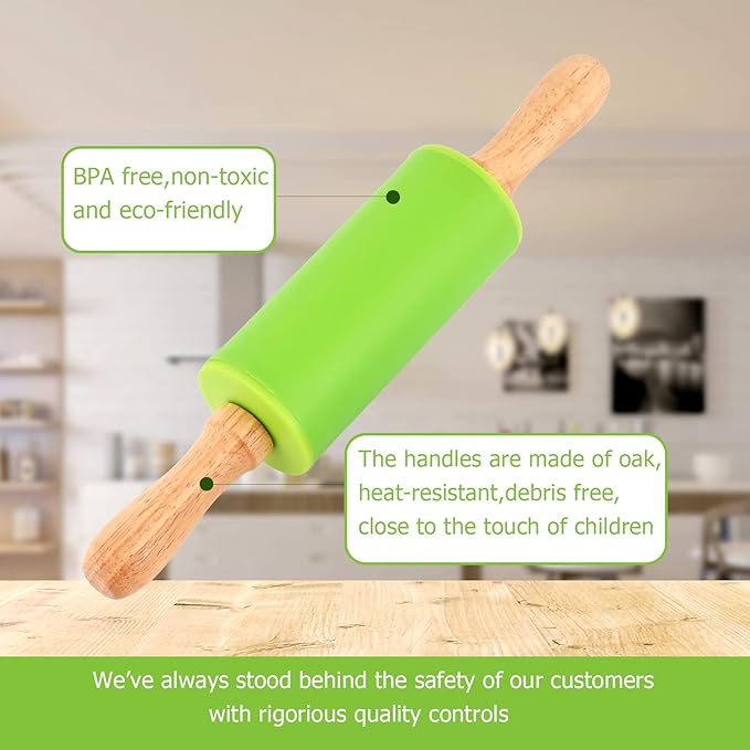 Mini Silicone Rolling Pin for Kids, Non-stick Surface Wood Handle, 9 Inch 1 Pack White Christmas Tree