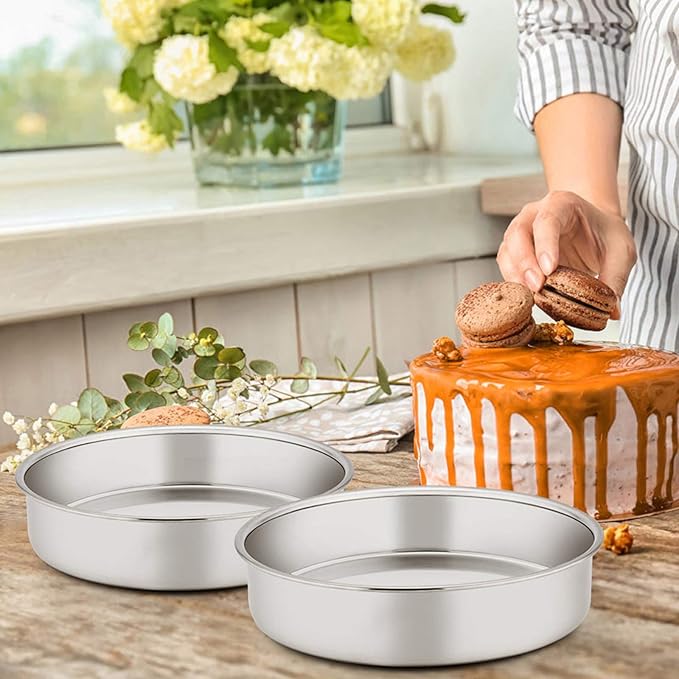 E-far 8 Inch Cake Pan Set of 2, Stainless Steel Round Layer Cake Baking Pans, Non-Toxic & Healthy, Mirror Finish & Dishwasher Safe