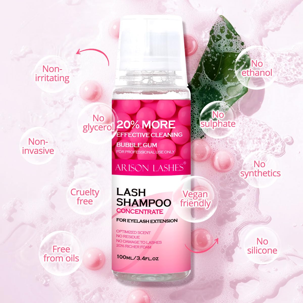 ARISON LASHES Lash Shampoo Concentrate for Lash Extensions 100ML Eyelash Cleanser Concentrate Oil-Free Eyelash Extension Shampoo with Salon Home Care(Bubble gum)-BrightBean Baby